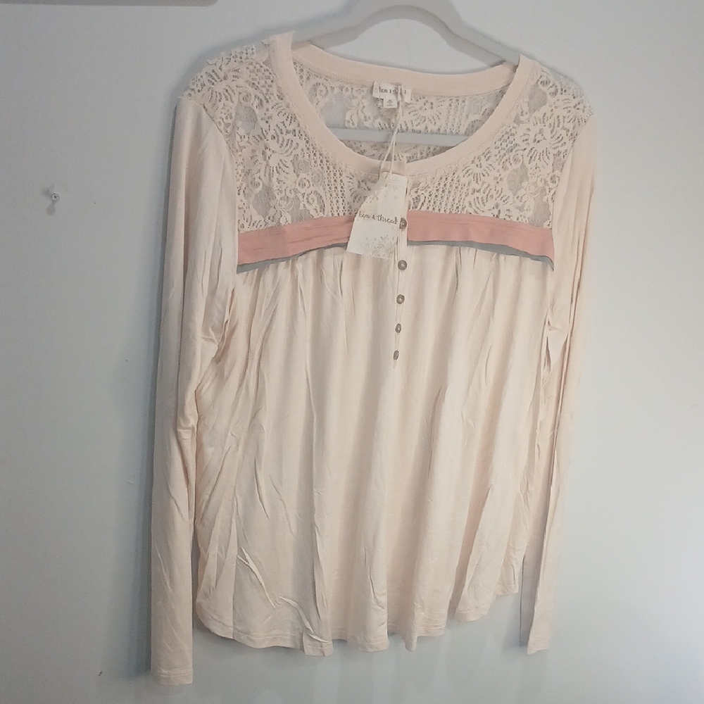 Hem & Thread Lace Detail Blouse - Cream and Pink